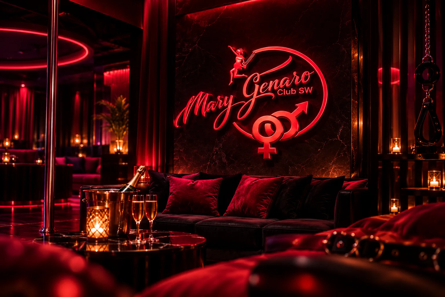 Imagen conceptual de un salón privado con iluminación roja y el logotipo de Mary Genaro Club SW
